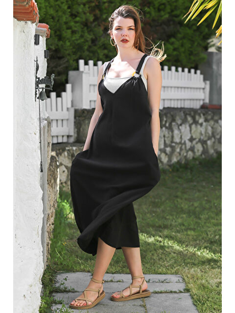 Chiccy Siyah Askılı Gizli Cepli Tokalı Casual Keten Karışımlı Dokuma Elbise 135 58 - S000367894-19351