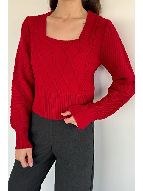 Gülseli Kare Yaka Örgü Desenli Kadın Triko Kazak - S000469819-20045