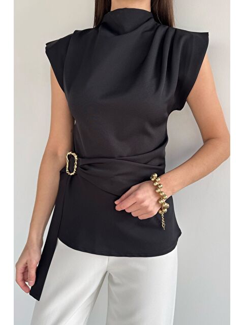 Gülseli Kadın Dik Yaka Bel Ve Omuz Drapeli Kemer Detaylı Bluz - S000491598-19351