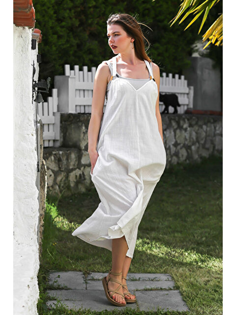 Chiccy Krem Askılı Gizli Cepli Tokalı Casual Keten Karışımlı Dokuma Elbise 135 58 - S000367894-19966