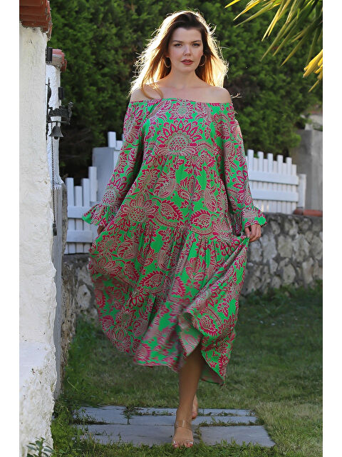 Chiccy Yeşil-Fuşya Carmen Yaka Fırfırlı Kol Etek Ucu Fırfırlı Allover Baskılı Viskon Dokuma Elbise 130 60 - S000367885-37468