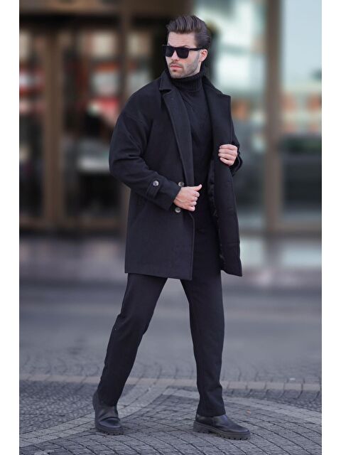 Madmext Siyah Kruvaze Yaka Uzun Kaşe Kaban 7215 - S000296838-19351