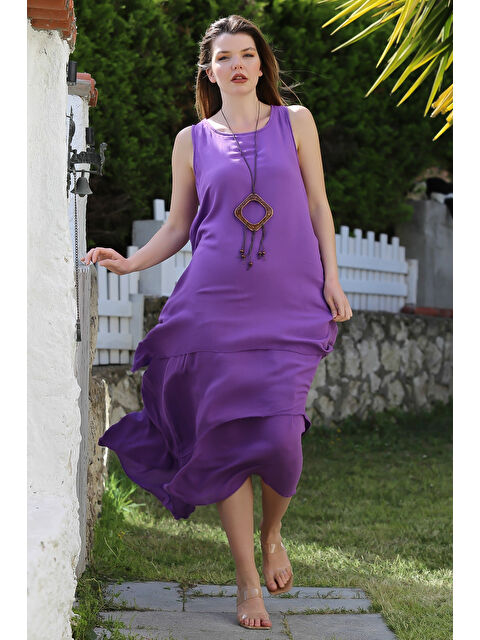 Chiccy Mor Havuz Yaka Kolsuz İnce Çift Katlı Casual Dokuma Elbise 135 55 - S000367886-20042