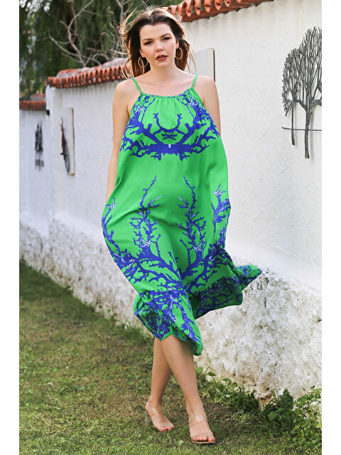 Chiccy Yeşil Gizli Cepli Eteği Fırfırlı Ayarlanabilir Askılı Casual Viskon Dokuma Elbise 128 66 - S000367893-18194