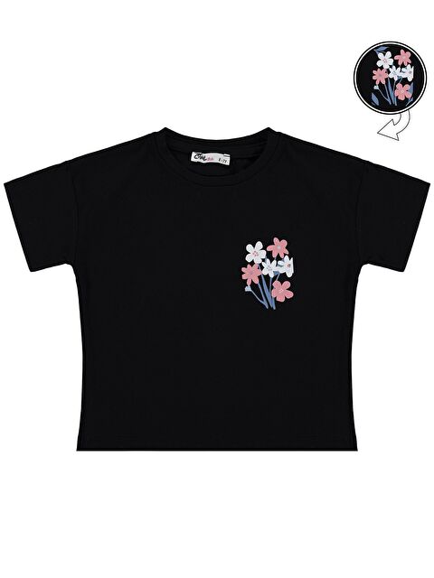 Civil Girls Renkli Çiçek Baskılı 6-9 Yaş Tişört - Siyah