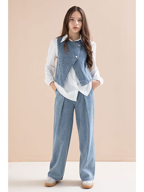 Cansın Mini Mavi Düğmeli Jean Yelekli ve Pantolonlu Kız Çocuk Gömlekli 3lü Takım 23598 - S000511471-17234