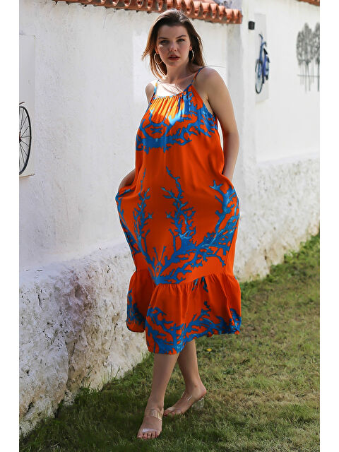 Chiccy Turuncu Gizli Cepli Eteği Fırfırlı Ayarlanabilir Askılı Casual Viskon Dokuma Elbise 128 66 - S000367893-20013