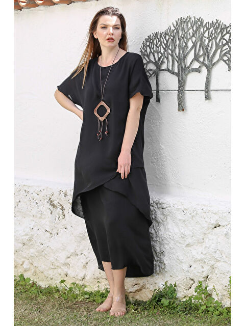 Chiccy Siyah Havuz Yaka Kısa Kol İnce Çift Katlı Casual Dokuma Elbise 135 60 - S000367891-19351