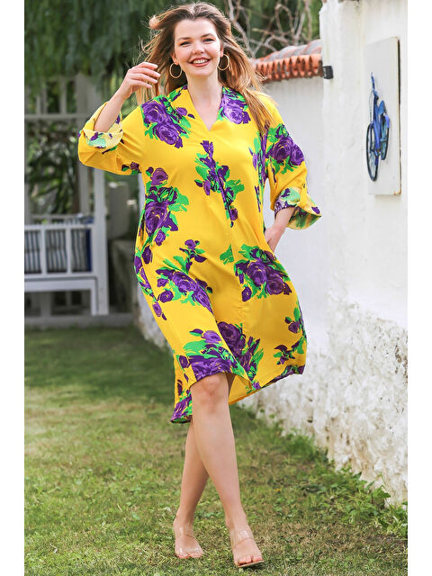 Chiccy Sarı V Yaka Düğmeli Uzun Kollu Gizli Cepli Allover Baskılı Casual Viskon Dokuma Elbise 115 58 - S000367747-20072