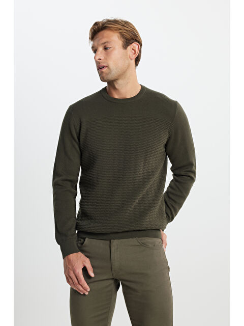 Altınyıldız Classics Erkek Haki Pamuklu Standart Fit Normal Kesim Bisiklet Yaka Desenli Triko Kazak - S000403103-18547