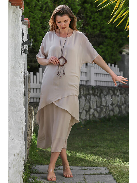 Chiccy Bej Havuz Yaka Kısa Kol İnce Çift Katlı Casual Dokuma Elbise 135 60 - S000367891-19928