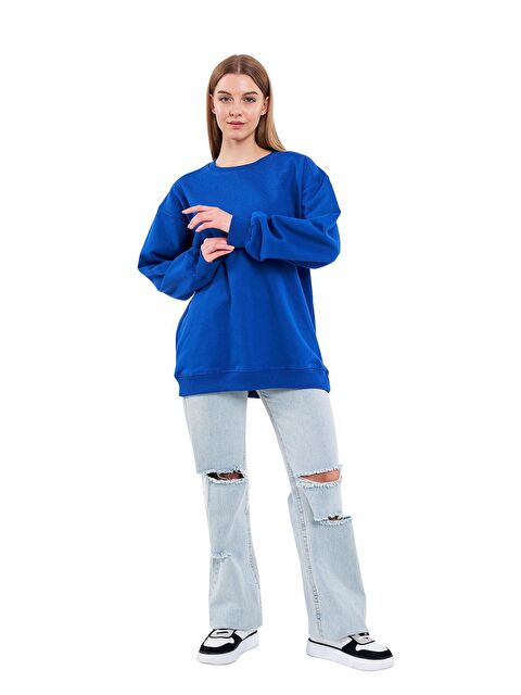 Mmetalic Saks Kadın Pamuklu Oversize Basic Bisiklet Yaka  Sweatshirt - S000232456-23710