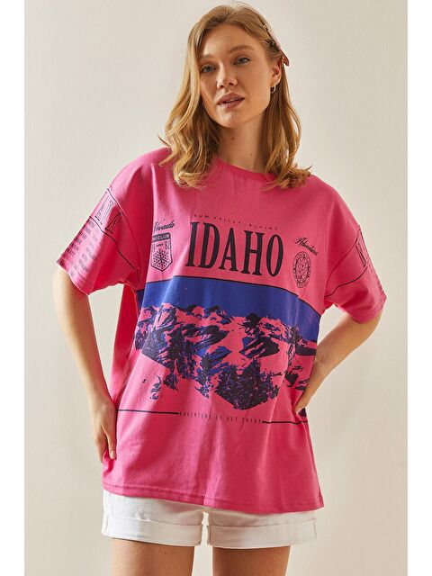 Xhan Fuşya Baskılı Bisiklet Yaka Oversize Tişört 5YXK1-48004-07 - S000144868-18686