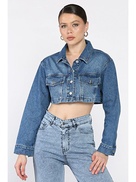 Gülseli Kadın Crop Top Jean Jean Ceket - S000387616-21164