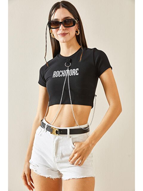 Xhan Siyah Bisiklet Yaka Zincir Detaylı Crop Tişört - S000176183-19351