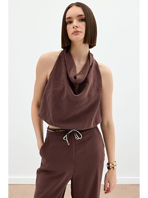 SATEEN Degaje Yaka Bluz - Kahve