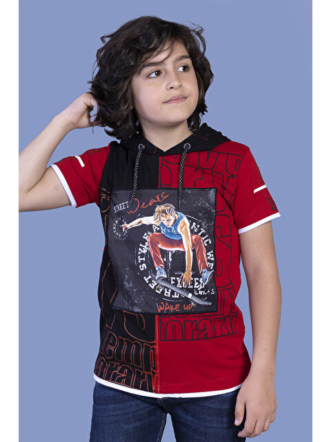 Toontoykids Erkek Çocuk Garni Detaylı Kapüşonlu Baskılı Tişört - S000417883-20045