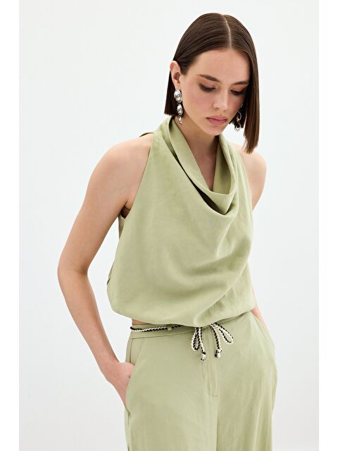 SATEEN Degaje Yaka Bluz - Yağ Yeşili