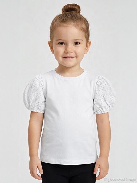 Civil Girls Kız Çocuk Dantel Balon Kol 2-5 Yaş Tişört - Kırık Beyaz