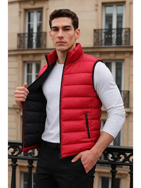 Comstar Erkek Kışlık Cepli Trend Fermuarlı Kırmızı Şişme Yelek