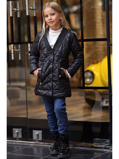 Riccotarz Kız Çocuk Yakası Şerit ve Üzeri Kare Dikiş Detaylı Cepli Çıtçıt Düğme Şişme Siyah Mont - S000440825-19351