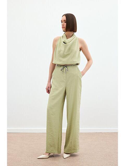 SATEEN Örgü Kemerli Pantolon - Yağ Yeşili - S000393892-16580