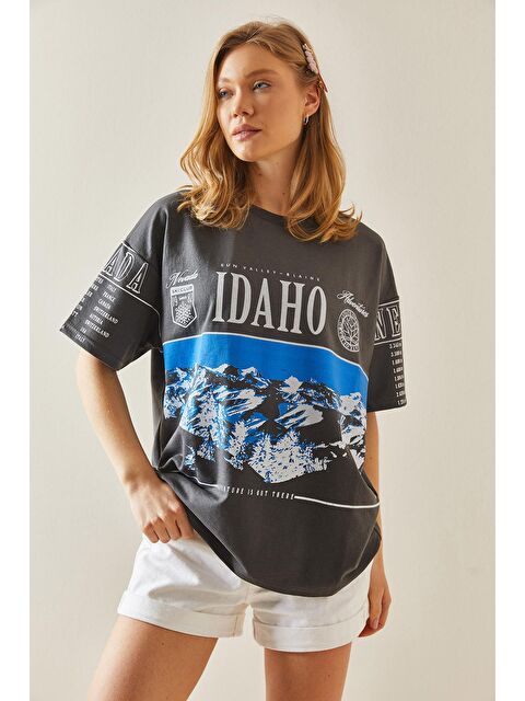 Xhan Antrasit Baskılı Bisiklet Yaka Oversize Tişört 5YXK1-48004-36 - S000144868-29666