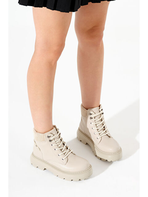 TONNY BLACK Kadın Bej Cilt Kalın Poli Taban Bileği Lastikli Bağcıklı Bot - S000125184-29737