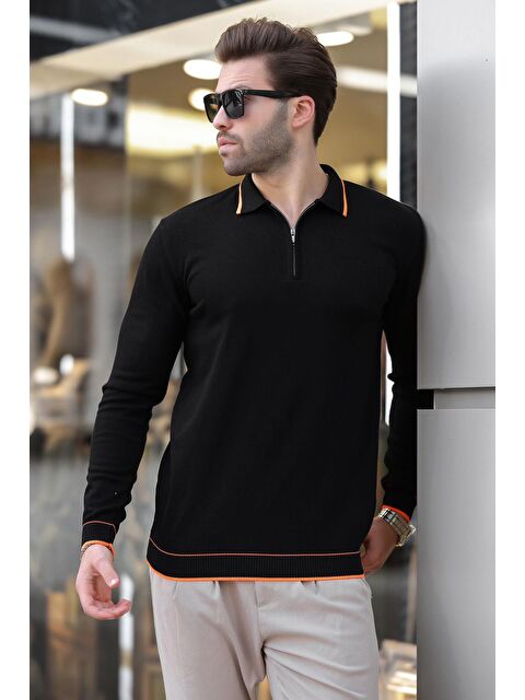 Madmext Siyah Fermuarlı Polo Yaka Çizgi Detaylı Uzun Kollu Kazak 7267 - S000292579-19351