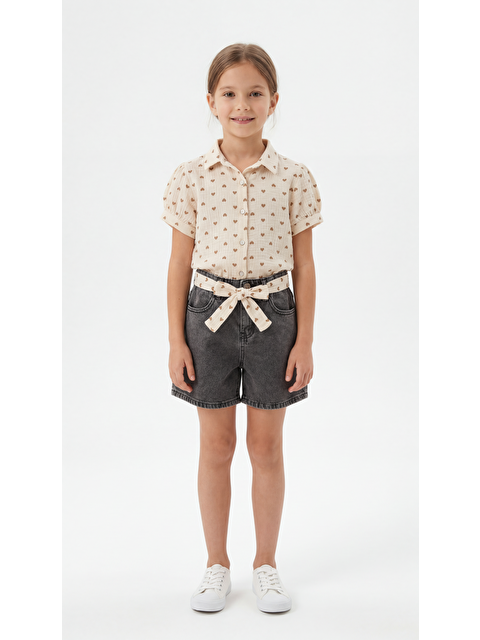 Mışıl Kids Tüm Alan Kalp Baskılı Fiyonklu Kız Çocuk Gömlek-Şort Takım