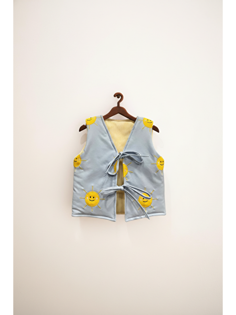 Magu Unisex Çocuk Pamuklu Mavi Güneş Nakışlı Bağlamalı Yelek – Yumuşak Astar Detaylı - S000480878-17234