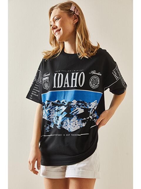 Xhan Siyah Baskılı Bisiklet Yaka Oversize Tişört 5YXK1-48004-02 - S000144868-19351