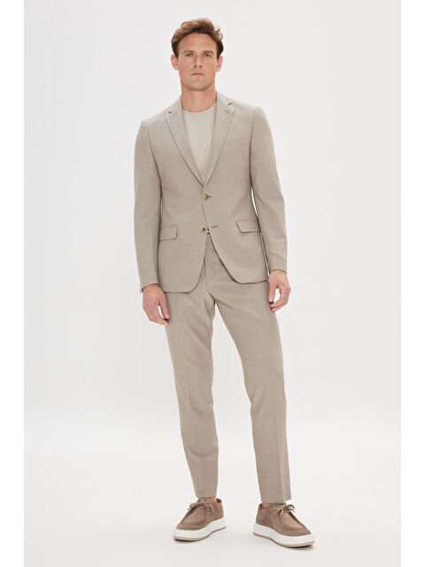 AC&Co / Altınyıldız Classics Erkek Bej Dar Kesim Mono Yaka Gofre Desenli Takım Elbise - S000512371-19928