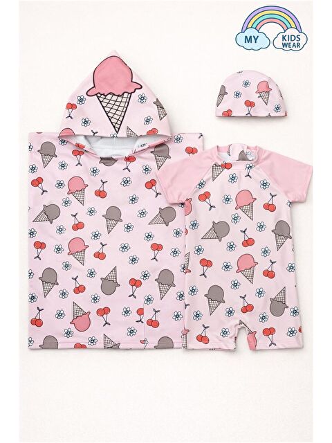 My Kids Wear Kız Çocuk Deniz Kombini 3’lü Set – Mayo, Havlu ve Bone 12576 - S000514157-7152