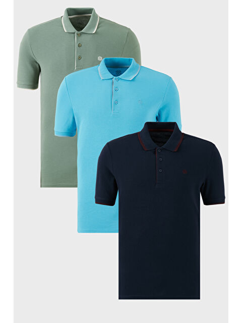 Buratti Pamuklu Slim Fit Şerit Detaylı Düğmeli Polo Yaka 3'lü Paket %100 Pamuk Tişört 5902118S3 - S000387096-97