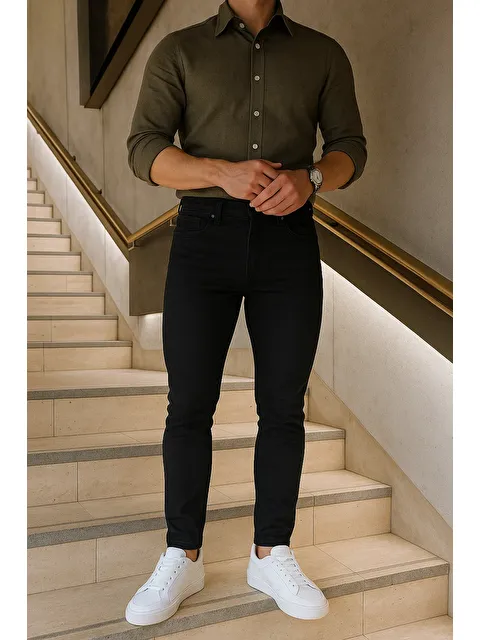 Comstar Erkek Yüksek Bel Premium Slim Fit Siyah Jean Pantolon