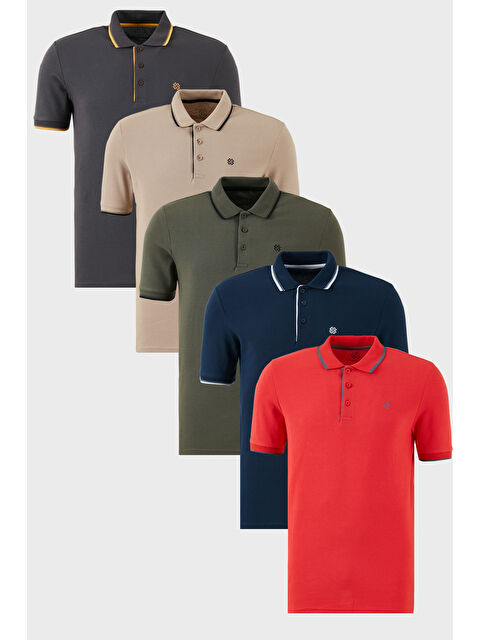 Buratti Pamuklu Slim Fit Şerit Detaylı Düğmeli Polo Yaka 5'li Paket %100 Pamuk Tişört 5902118S5 - S000387103-37469
