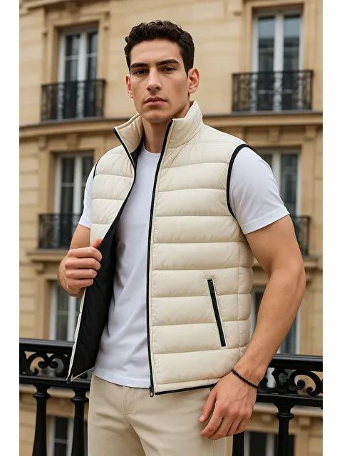 Comstar Erkek Kışlık Cepli Trend Fermuarlı Krem Şişme Yelek