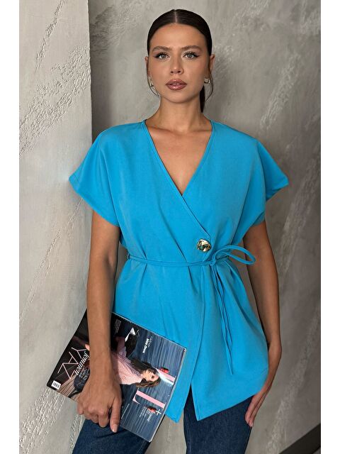 Gülseli Kruvaze Yaka Bel Bağcıklı Kolsuz Ceket - S000425495-17234