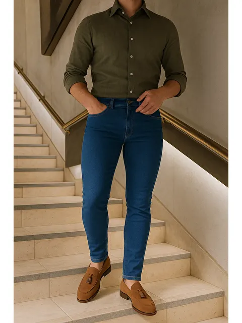 Comstar Erkek Yüksek Bel Premium Slim Fit Lacivert Jean Pantolon