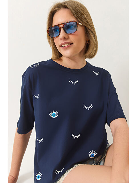 SHADE Kadın Göz Baskılı Kısa Kollu Pamuklu Oversize T-Shirt - S000376481-21164