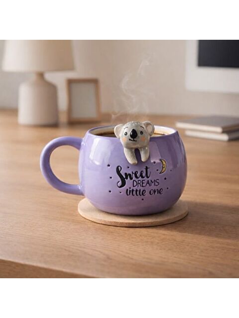 Evidea Kitchen Koala Desenli Seramik Kupa - Mor - 400 ml