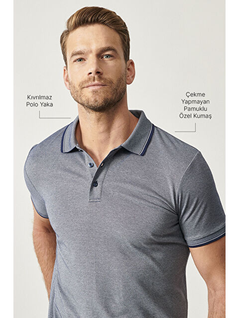 AC&Co / Altınyıldız Classics Erkek Lacivert Slim Fit Dar Kesim Kıvrılmaz Polo Yaka Kısa Kollu Tişört - S000394301-21164