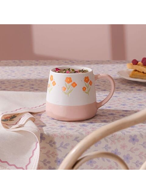 Evidea Kitchen Turuncu Çiçekli Seramik Kupa - Beyaz - 500 ml