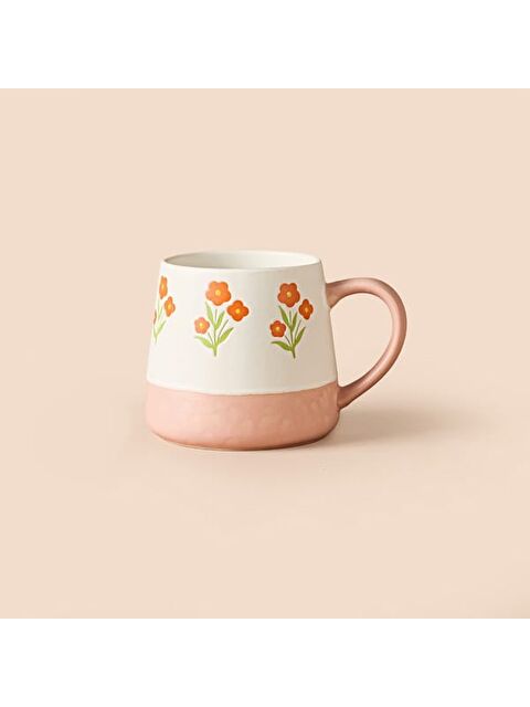 Evidea Kitchen Turuncu Çiçekli Seramik Kupa - Beyaz - 500 ml