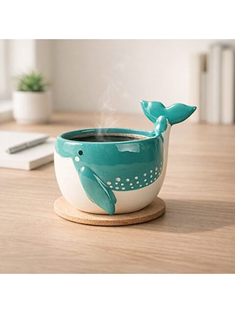 Evidea Kitchen Mavi Balina Desenli Seramik Kupa - Mavi - 500 ml