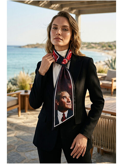 Luminos Butik Kadın Atatürk Temalı Siyah Uzun Bağlamalı Boyun Fuları Kravat Fular FLR1028 KIRMIZI