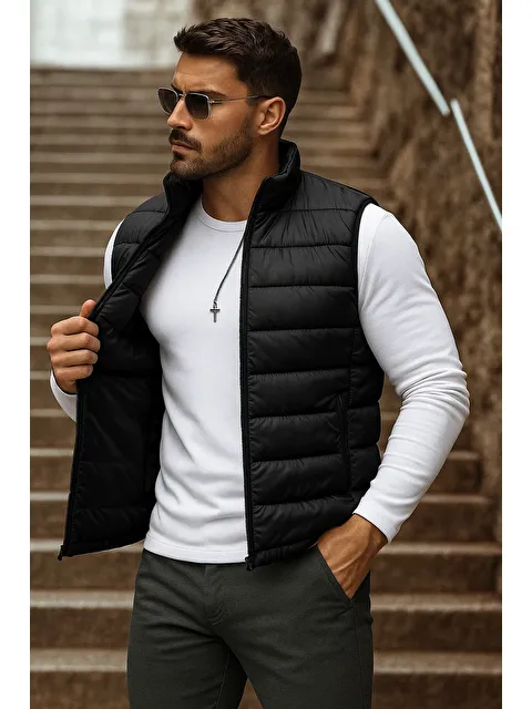 Comstar Erkek Cepli Kışlık Fermuarlı Basic Siyah Şişme Yelek