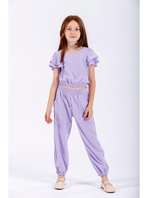 Zepkids Bisiklet Yaka Paca Lastikli Lila Renk Kız Çocuk İkili Takım - S000356643-17878