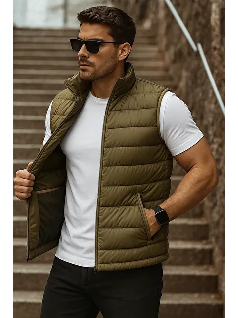 Comstar Erkek Cepli Kışlık Fermuarlı Basic Haki Şişme Yelek